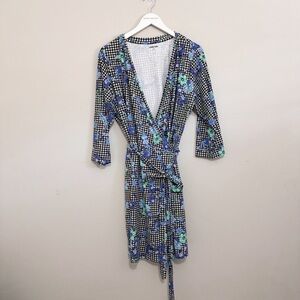 LAND’S END Women’s Black White Blue Gingham Floral Wrap Dress Stretch Size 1X